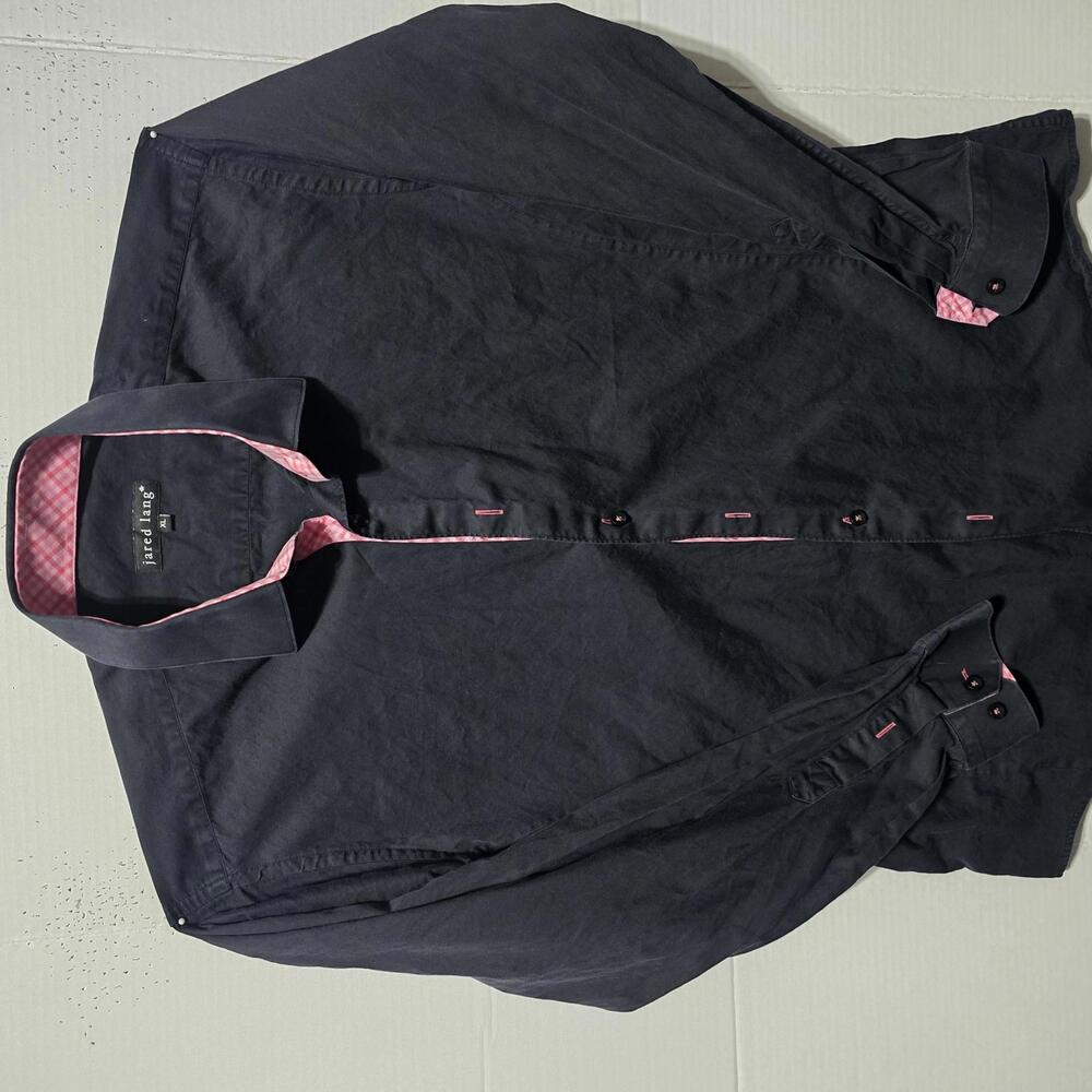 Jared Lang Men's Dress Shirt XL Black with Pink Check Trim